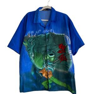 Mens Retro Akira Style Anime Kawaii Royal Blue Green Button Up Shirt Size XL